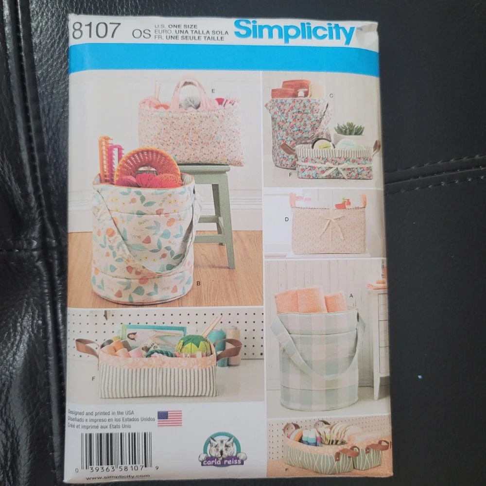 Simplicity 8107 Sewing Pattern Organizers Buckets Baskets Totes Uncut OS